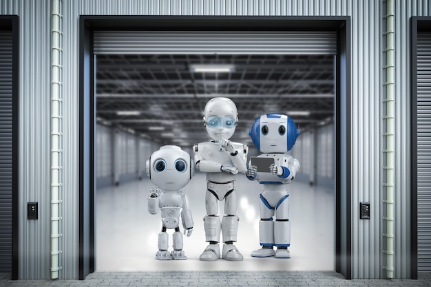3D rendering gruppo di simpatici robot in fabbrica per la tecnologia industriale