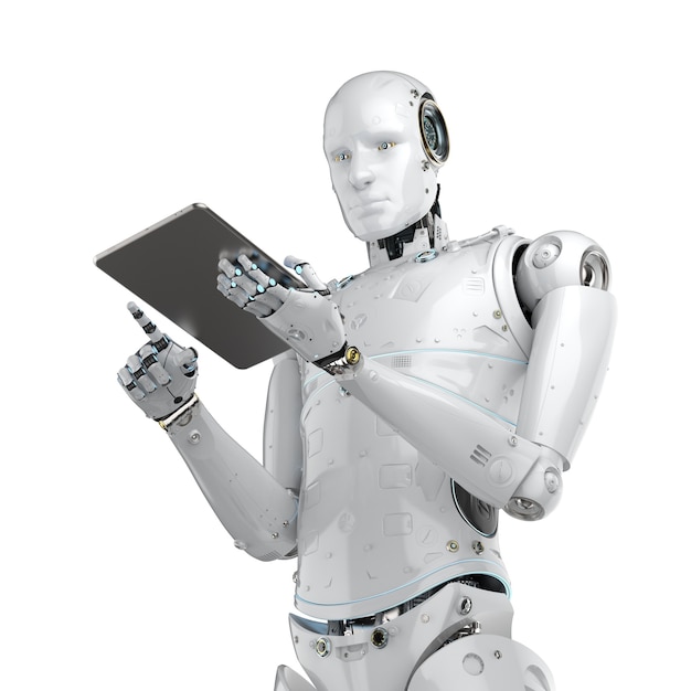 3d rendering humanoid robot working with digital tablet