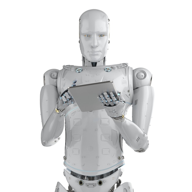 3d rendering humanoid robot working with digital tablet