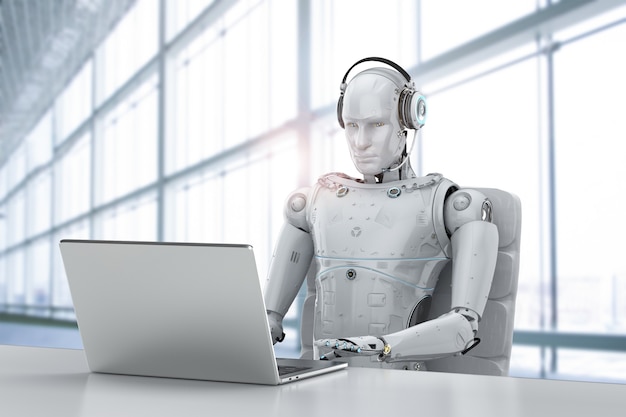 3d rendering humanoid robot working with headset and notebook