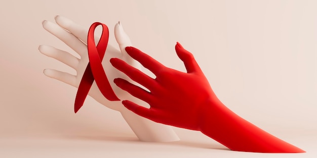 3d rendering illustrazione banner cartone animato donna mani nastro rosso isolato su sfondo pastello con spazio di copia Giornata mondiale contro l'AIDS con il concetto di consapevolezza dell'hiv