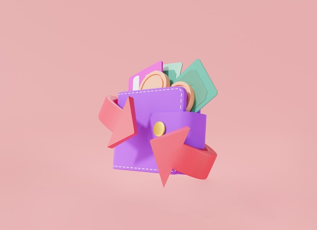 3d rendering illustrazione del portafoglio con icona cashback concetto trasferimento di denaro pagamento online Cashback e rimborso denaro portafoglio carta di credito moneta e banconota su sfondo rosa stile cartone animato minimo