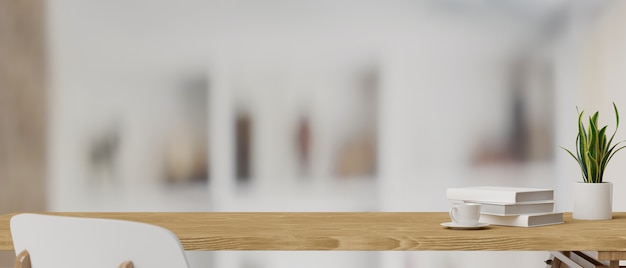 3D rendering libri tazza e vaso per piante su un tavolo di legno con sedia bianca in sfondo sfocato