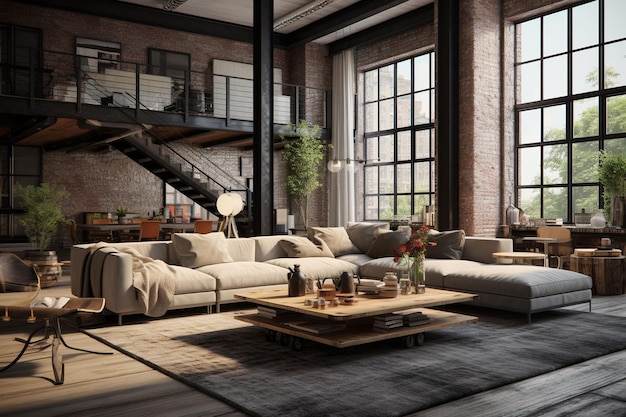 3d rendering loft living room e living room in stile loft Ai Generato