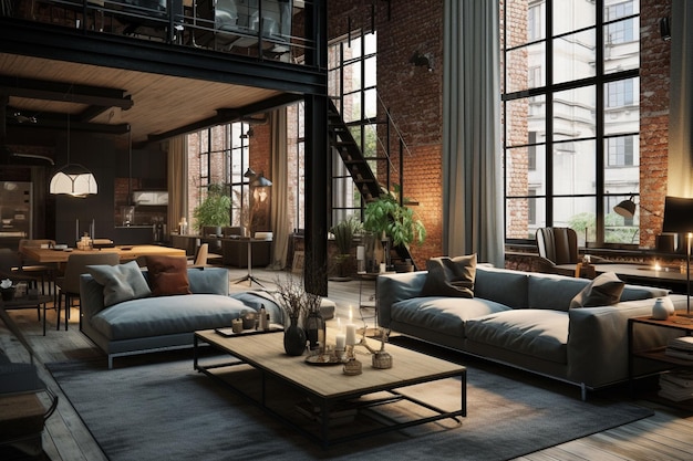 3d rendering loft living room e living room in stile loft Ai Generato