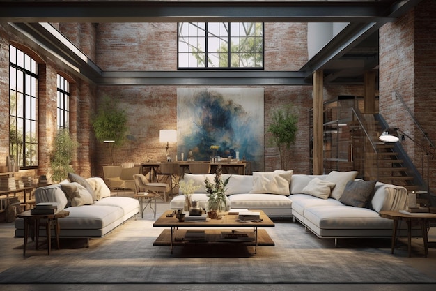 3d rendering loft living room e living room in stile loft Ai Generato