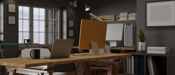Photo 3d rendering loft room workplace office supplies concept computer devices decorations and bike