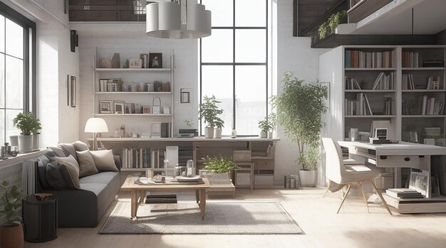 3d rendering loft scandinavo soggiorno con tavolo da lavoro e libreria