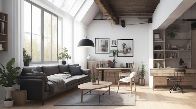 3d rendering loft scandinavo soggiorno con tavolo da lavoro e libreria