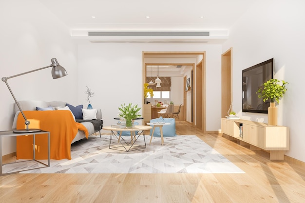 3d rendering loft soggiorno di lusso con ripiano vicino al tavolo da pranzo