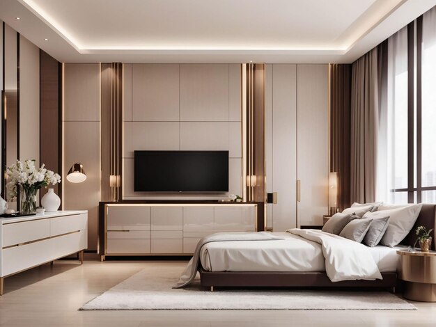 3D rendering lussuosa camera da letto moderna in albergo con TV e armadietto