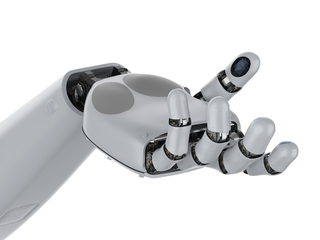 3D rendering mano cyborg o mano robotica aperta isolata su bianco