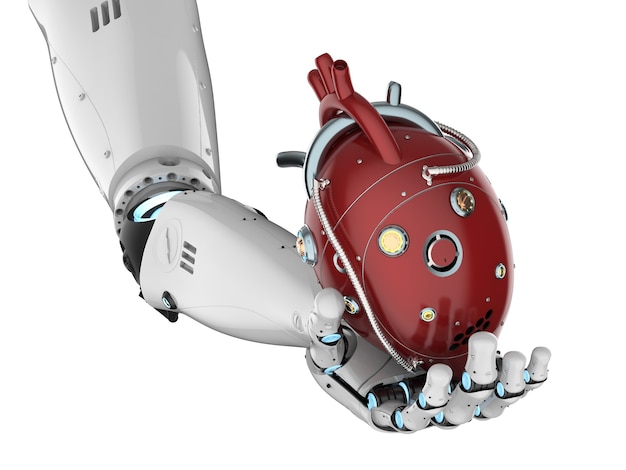 3D rendering mano del robot che tiene il cuore robotico rosso isolato su bianco