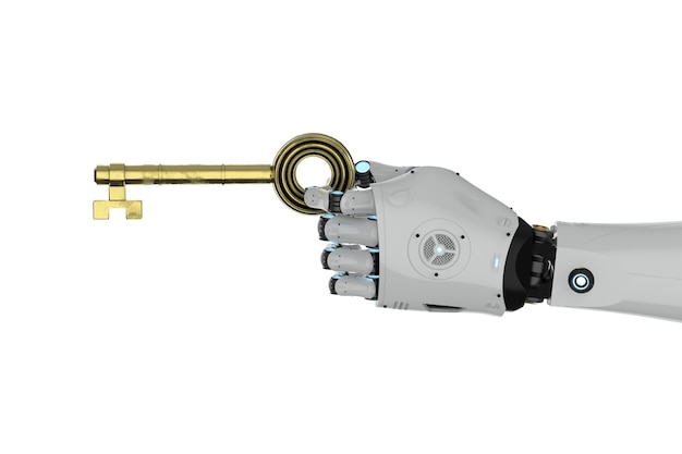 3D rendering mano del robot che tiene la chiave d'oro isolato su bianco