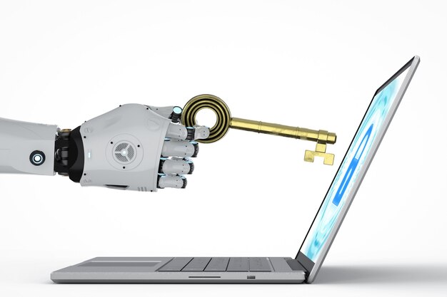 3D rendering mano del robot che tiene la chiave d'oro per sbloccare