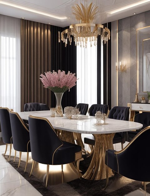 3d rendering moderna sala da pranzo e soggiorno con arredamento di lusso