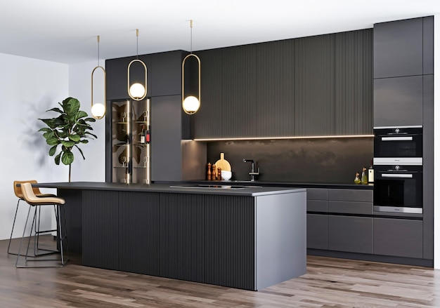 3d rendering moderno lusso nero cucina interni in stile minimalista design