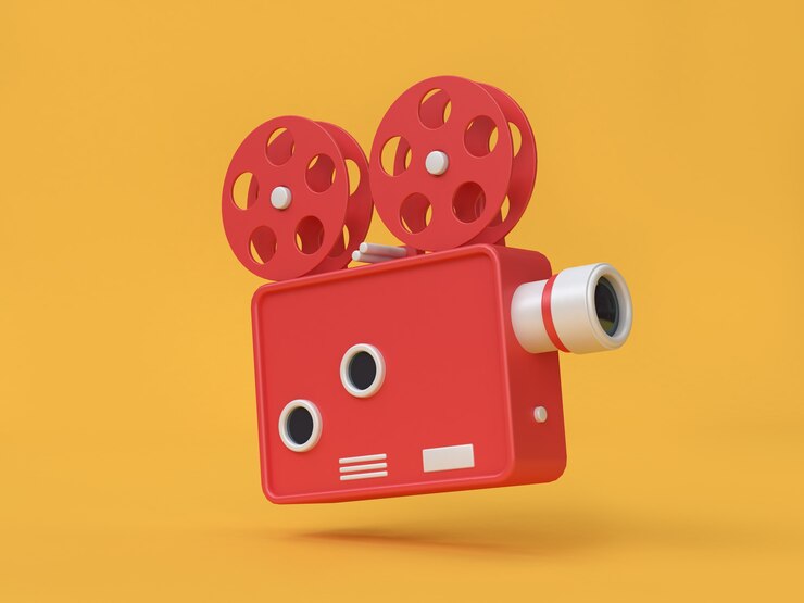 3d rendering movie-cinema projector cartoon style yellow background movie cinema concept