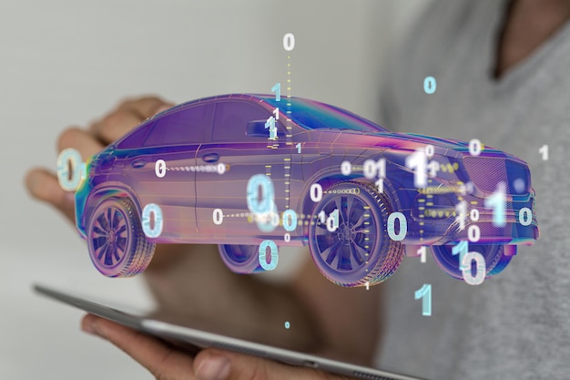 3D rendering of a man pointing at an autonomous driving electric car