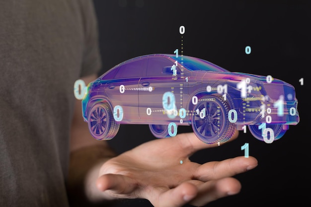 3D rendering of floating autonomous driving electric car on a mans hand