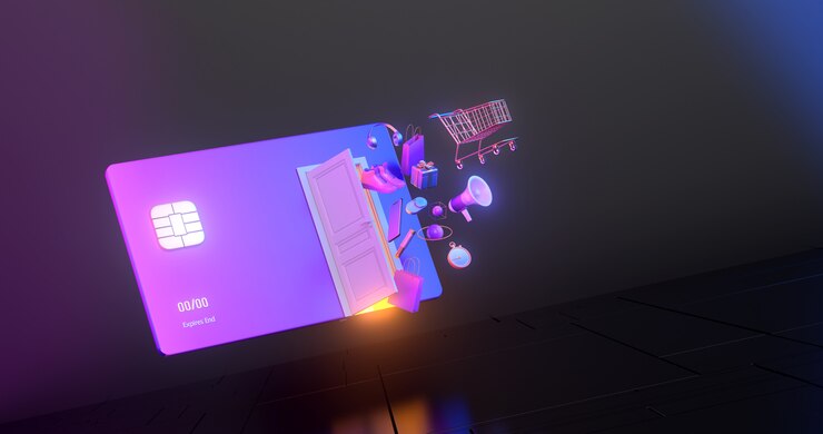 3d rendering of gold shopping cart with credit card.