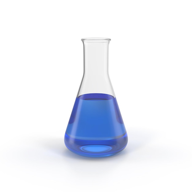 3d rendering of laboratory flask with blue liquid isolated on white Glass flask and beaker in medic