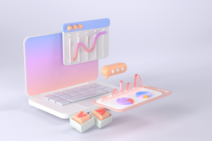 3d rendering of laptop and infographic.
