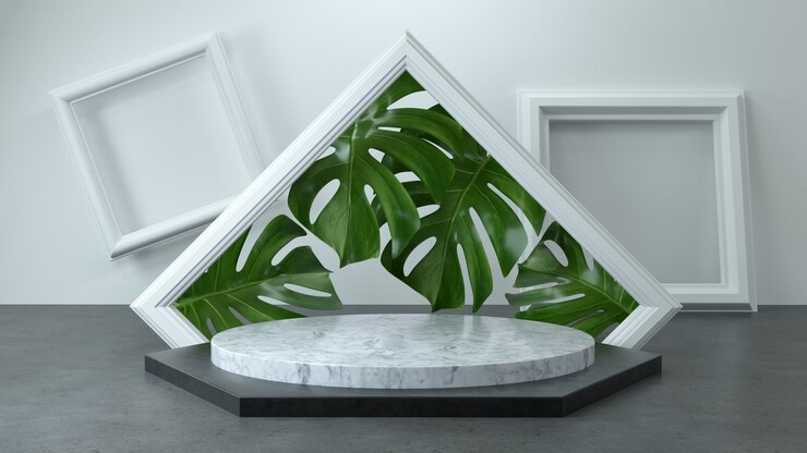 3d rendering of marble podium and Plant.