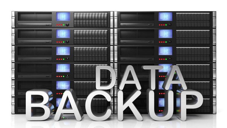 Photo 3d rendering of server storage racks with data backup text isolated on white background