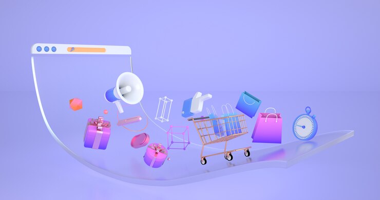 3d rendering of website and shopping cart.