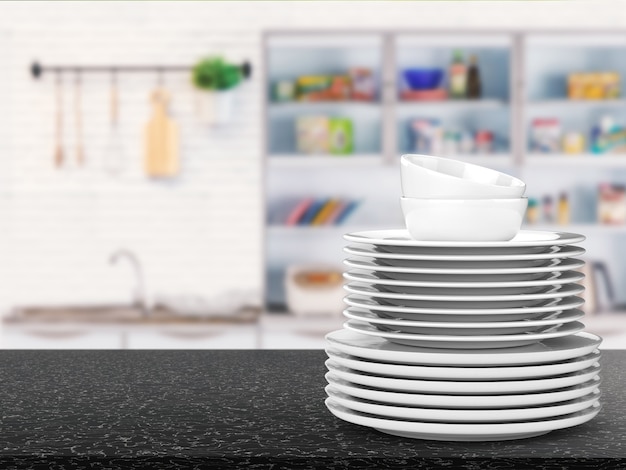 3D rendering pila di piatti con sfondo cucina