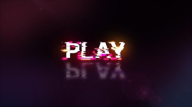 3D rendering play text with screen effects of technological glitches