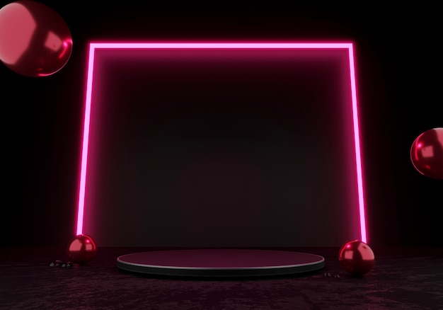3D Rendering podio nero o display piedistallo Prodotto vuoto in piedi luce al neon a bagliore quadrato rosa
