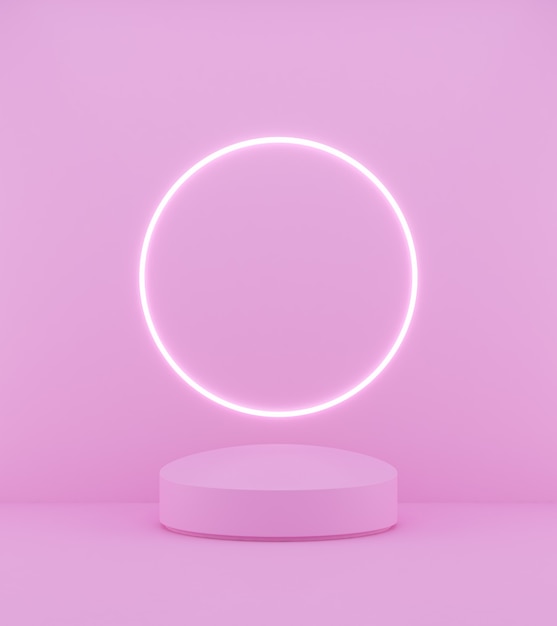 3D rendering podio rosa su sfondo rosa e linea di luce circolare