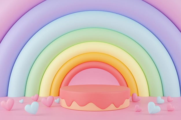 3d rendering podio torta vuota con mini cuori sul pavimento e sfondo arcobaleno