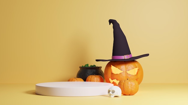 3d rendering promozione del prodotto del podio di halloween con la zucca