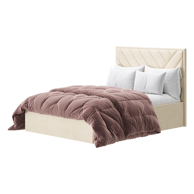 3d rendering realistico letto confortevole con coperte e cuscini isolati su sfondo bianco