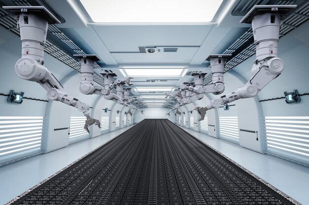 3d rendering robot arms with conveyor line