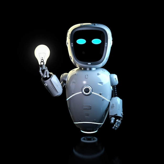 3d rendering robot assistant with idea light bulb