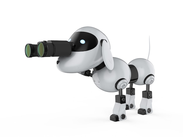 3D rendering robot cane con binocolo su sfondo bianco