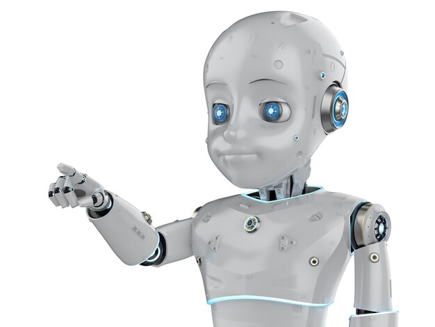 3D rendering robot carino o robot di intelligenza artificiale con il punto del dito del personaggio dei cartoni animati