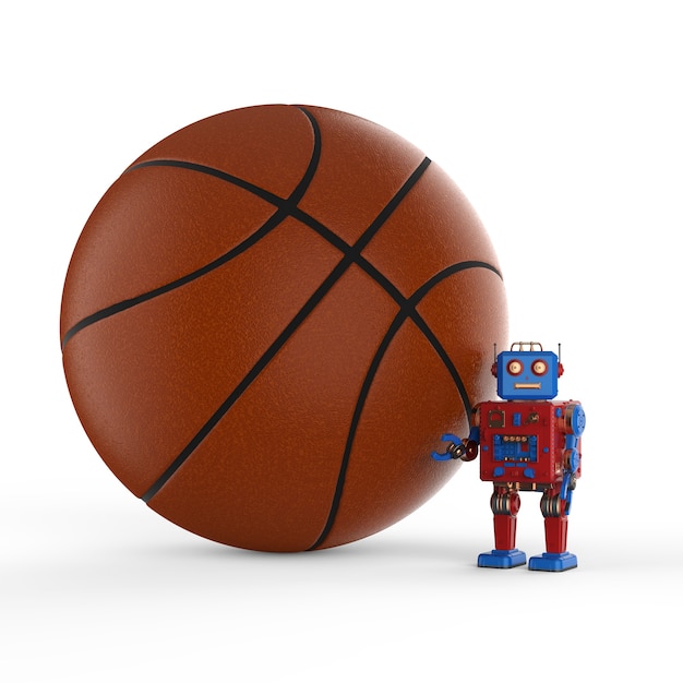 3D rendering robot tintoy con basket su sfondo bianco