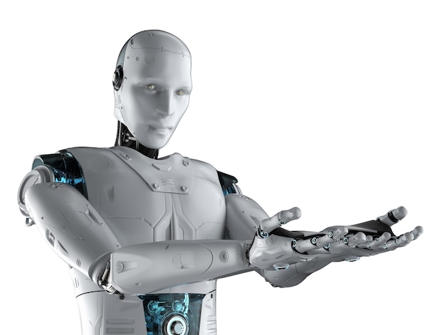 3D rendering robot umanoide mani aperte su sfondo bianco