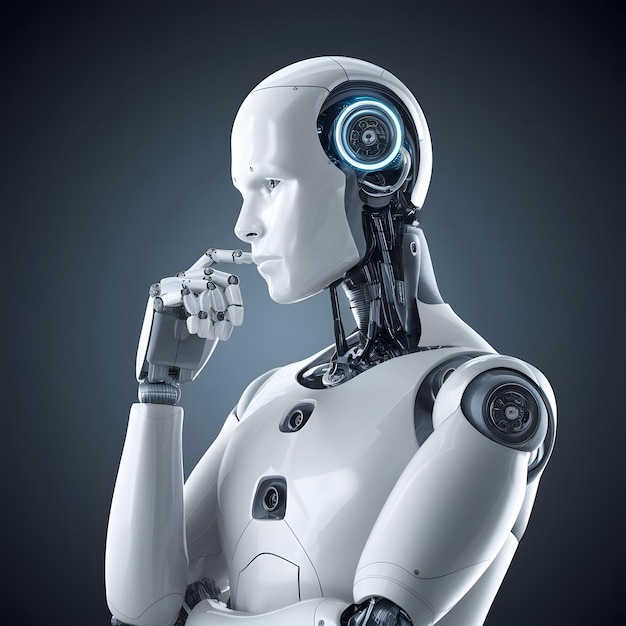 3D rendering robot umanoide pensando su sfondo bianco