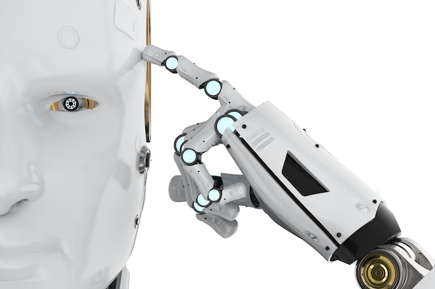 3D rendering robot umanoide pensare o calcolare su sfondo bianco
