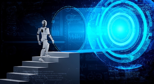3D rendering robot umanoide salire le scale verso il successo