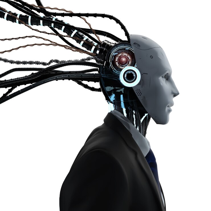 Photo 3d rendering robotic businessman with cables wear suit isolated
