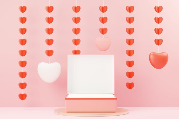 3d rendering scena dolce minimale con podio display per mock up e presentazione del marchio del prodotto Piedistallo rosa per tema San Valentino Sfondo carino cuore adorabile Stile di design giorni d'amore