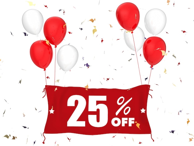 3D rendering sconto del 25% banner su sfondo bianco