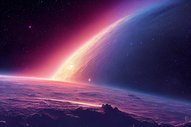 3d rendering Space Art Alien Planet Un paesaggio di fantasia con cieli viola
